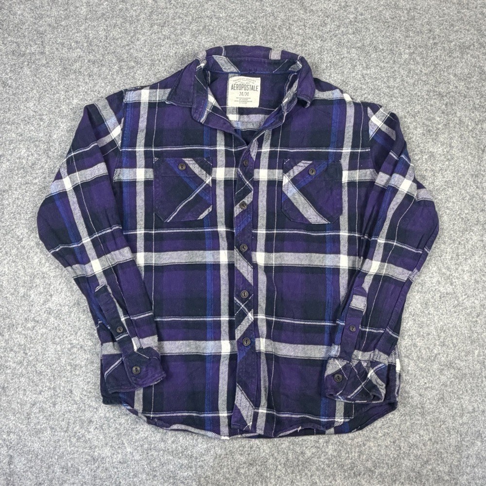Aeropostale Mens Purple Plaid Flannel Button Down Shirt Size Medium Long Sleeve